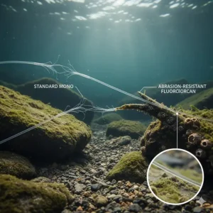 Illustration demonstrating hooklength line resisting fraying against underwater gravel and snags found in British rivers.