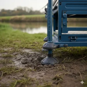 Close-up of extendable 360-degree swivelling mud feet on a seatbox, providing stability on a muddy UK lake bank.