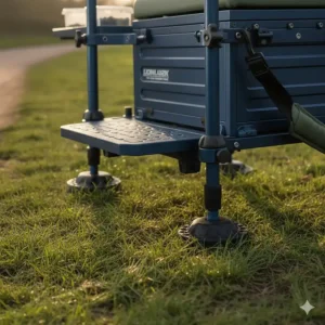 Alt text for image 4 Close-up of adjustable seatbox legs fitted with large swivel mud feet designed for stability on soft or uneven UK canal banks.