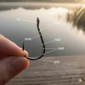 Technical diagram showing the anatomy of a coarse fishing hook including the point, barb, bend, shank, and eye.