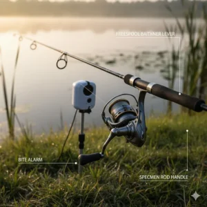 A freespool baitrunner reel positioned on a rod rest for targeting specimen tench and bream in British stillwaters.