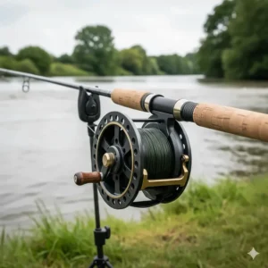 Illustration of a heavy-duty centrepin reel with a large diameter, suitable for taming powerful river barbel.