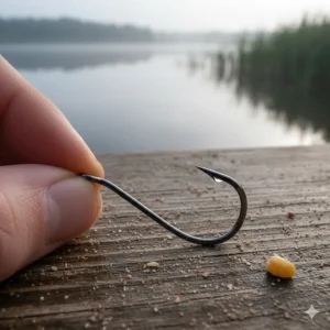 Close-up of a barbless coarse fishing hook, required for most UK commercial fisheries and catch-and-release.