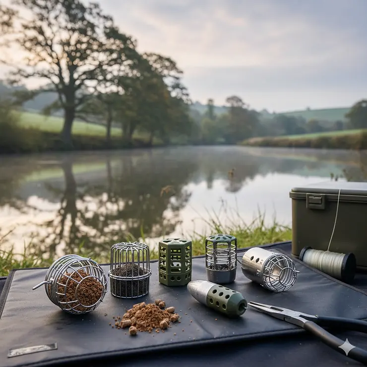 A selection of stainless steel cage feeders on a tackle mat next to a British riverbank. cage feeders