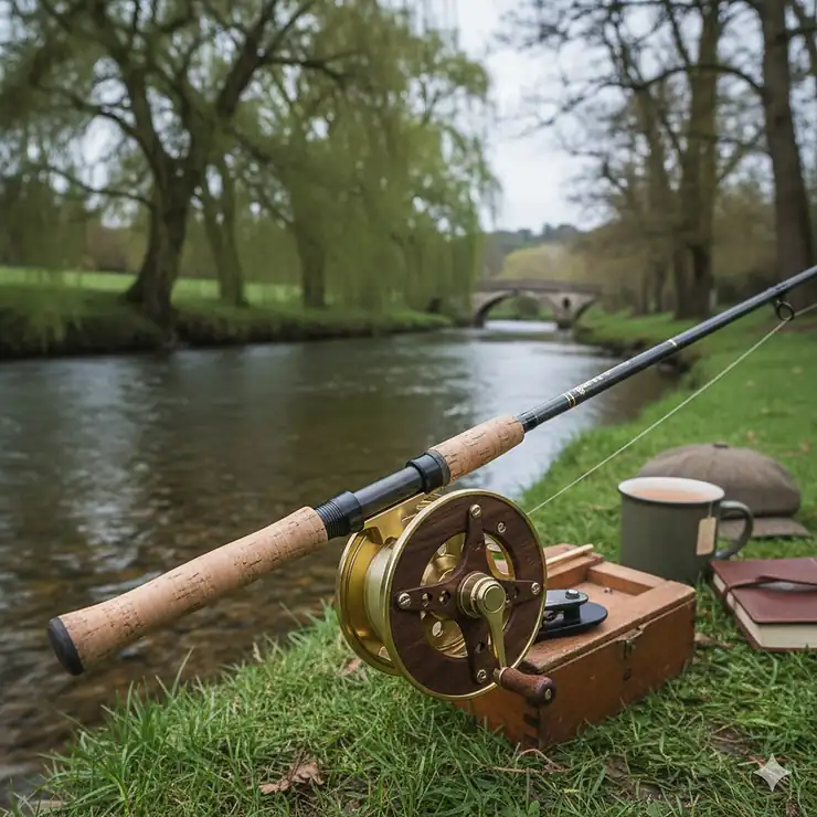 A high-quality wood and brass centrepin reel mounted on a rod, positioned by a British chalk stream. centrepin reels