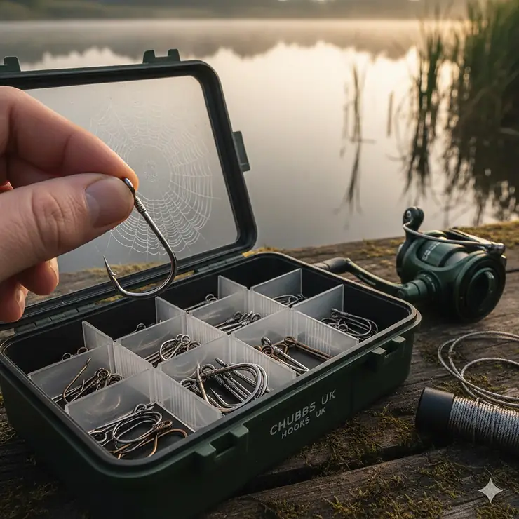 A selection of different coarse fishing hooks for UK species, including barbed and barbless patterns laid out on a tackle box. coarse fishing hooks
