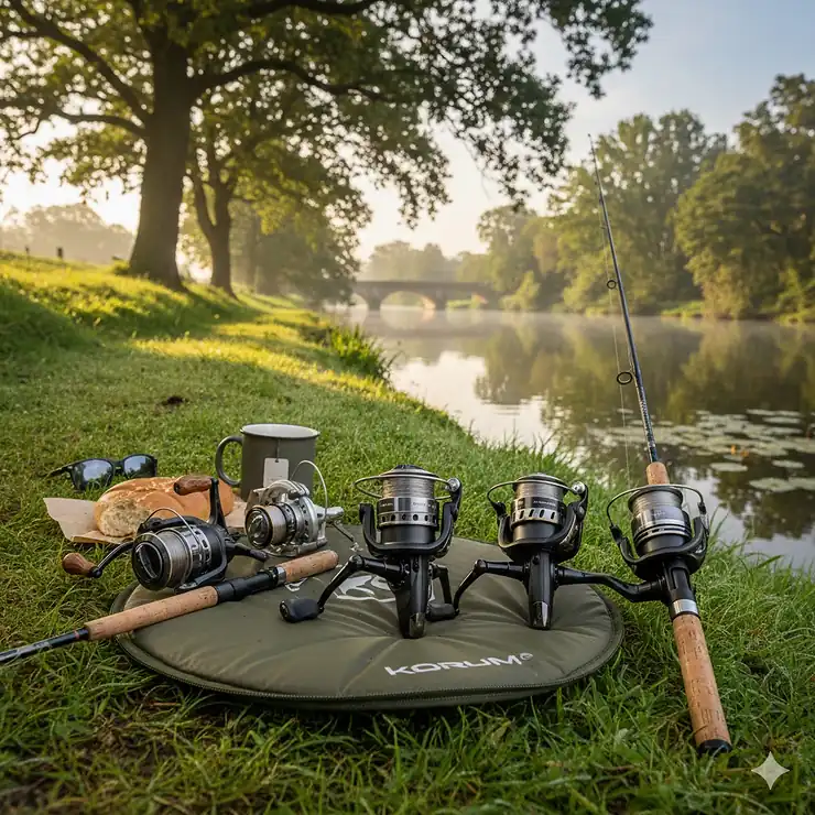 A selection of high-quality coarse fishing reels laid out on a green tackle mat next to a misty British river .coarse fishing reels UK