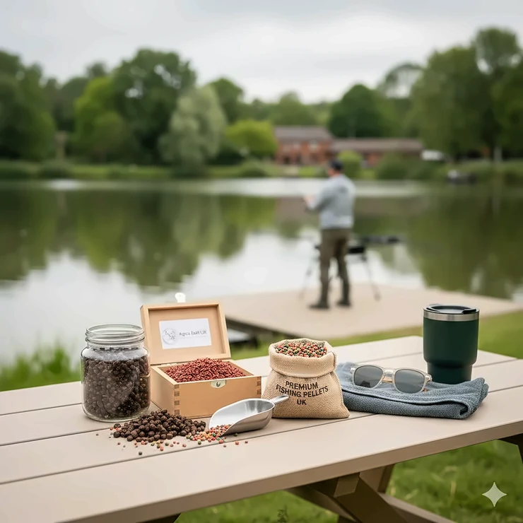 Alt text for image 1: A professional close-up of high-quality fishing pellets in various sizes and natural brown tones, showcased in a wooden bait box at a British coarse fishery. fishing pellets UK