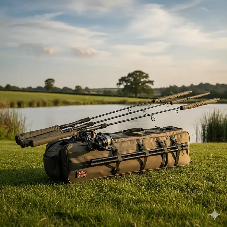A high-quality padded fishing rod holdall positioned on a grassy bank at a British lake, showing multiple rods and reels stored securely. rod holdalls UK