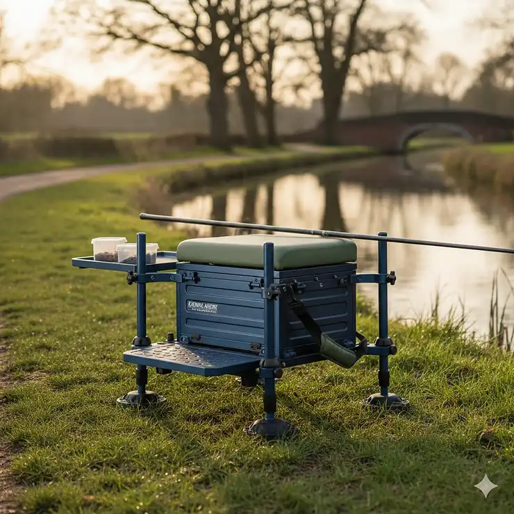 Alt text for image 1 A high-quality coarse fishing seatbox with a padded pole seat and adjustable legs positioned on a grassy riverbank near a traditional brick bridge. seatbox under £150