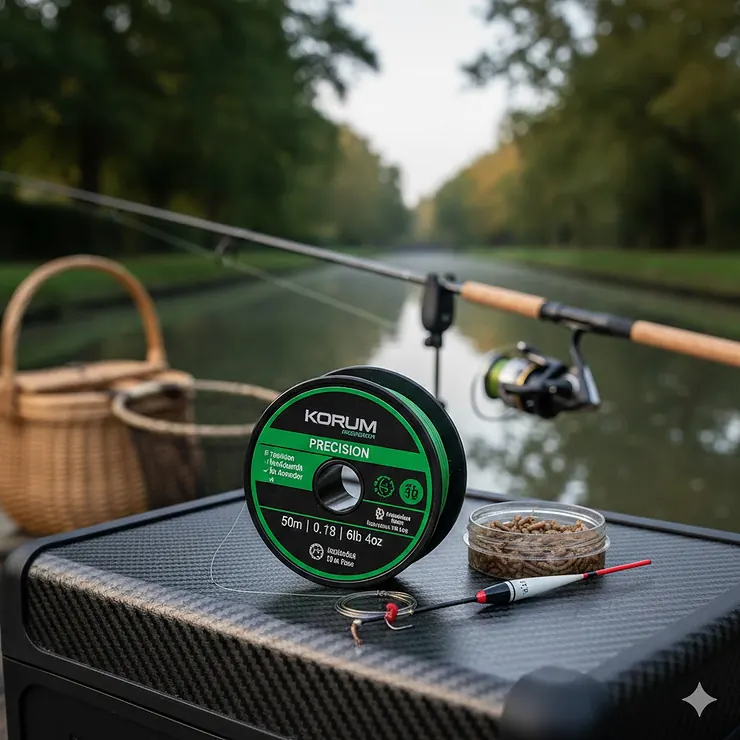 A spool of premium monofilament hooklength line resting on a tackle box next to a handmade float, perfect for UK coarse fishing. hooklength line