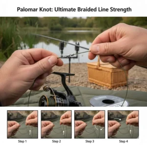 Step-by-step technical illustration of a Palomar knot, ideal for maintaining braided line strength when coarse fishing.
