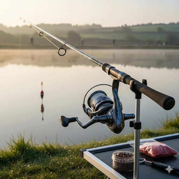 A close-up of a high-end match fishing reel mounted on a carbon rod handle at a UK commercial fishery. match fishing reels