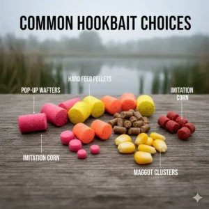 A collection of effective method feeder hookbaits including bright orange wafters, hard pellets, and buoyant imitation corn.