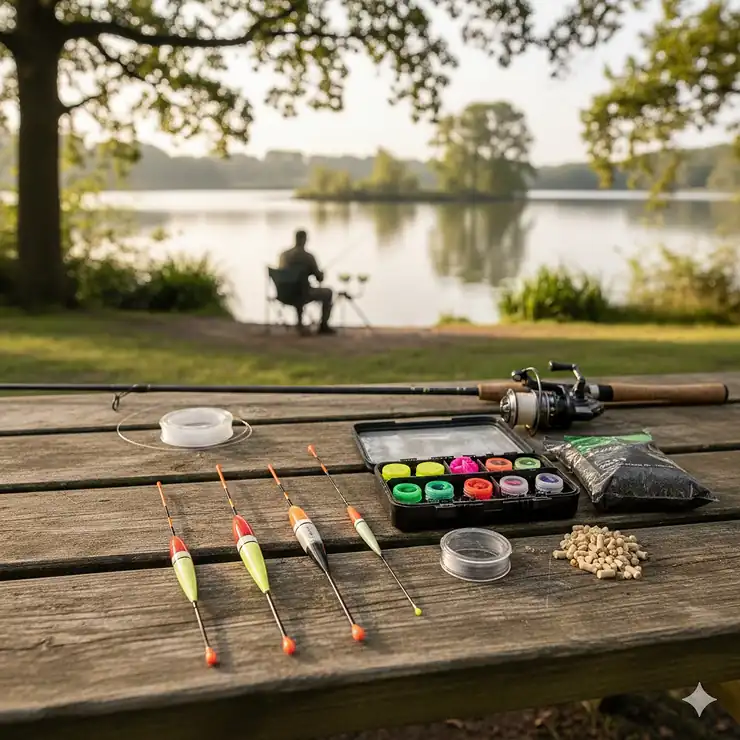 A selection of loaded and unloaded waggler floats displayed on a wooden tackle table, showing various sizes for UK lake and river fishing. waggler floats