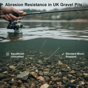 Illustration of braided line showing high abrasion resistance against underwater snags and flint found in British gravel pits.