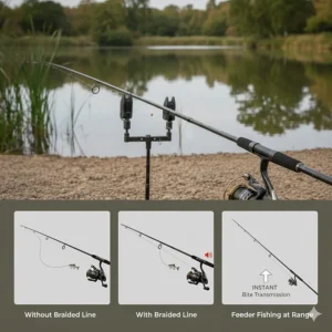 Illustration showing how the zero-stretch properties of braided line improve bite detection when feeder fishing at distance.
