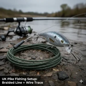 Illustration of a typical UK predator setup featuring a wire trace attached to a heavy-duty braided line for pike fishing.