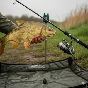 A successful bream catch on a UK canal using an entry-level feeder fishing reel.