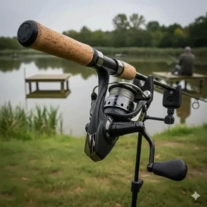 An affordable feeder reel mounted on a cork handle rod at a British commercial fishery.