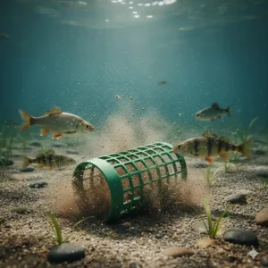 Illustration showing how groundbait and particles disperse from a cage feeder on the lake bed.