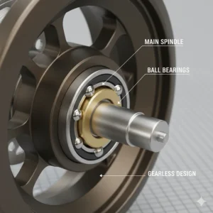 Technical illustration showing the internal spindle and ball bearings of a modern centrepin reel.