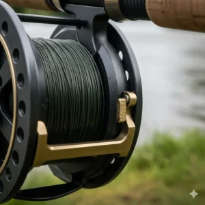 Detail view of the on-off ratchet lever, known as the check, on the backplate of a traditional centrepin reel.