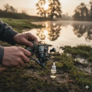 A fisherman cleaning and oiling a coarse fishing reel to maintain performance after a session on a British riverbank.