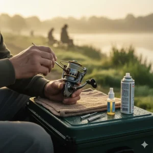 An angler performing maintenance on a match fishing reel to ensure smooth performance during winter league matches.