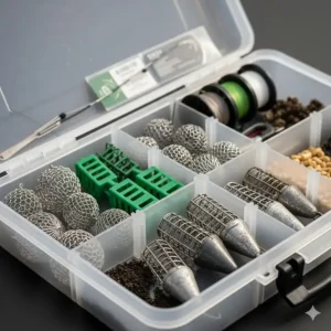 A variety of different sized cage feeders arranged in a tackle box tray for coarse fishing.