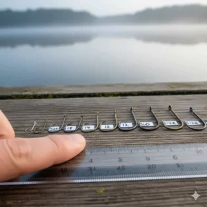 Comparison of coarse fishing hook sizes from a small size 22 for silverfish to a large size 8 for specimen carp.