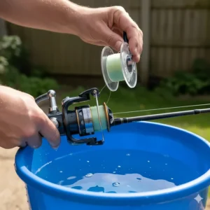 A small fixed-spool reel loaded with light monofilament fishing line for UK float fishing on a river.