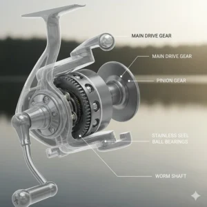 Detailed view showing the internal stainless steel ball bearings and precision gearing of a coarse fishing reel.