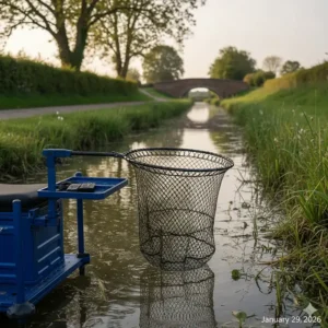 A compact 2-metre keepnet designed for silverfish fishing on narrow UK canals and small river pegs.