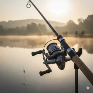 A balanced double-handle match fishing reel providing stability and smooth retrieval during a match.