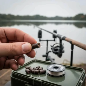 Alt text for image 3: A detailed shot of an angler’s hand holding a large, dark drilled halibut pellet while preparing a hair rig for specimen carp fishing in the UK.