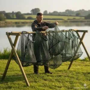 A British angler hanging keepnets to air-dry after a session to follow UK biosecurity guidelines and prevent fish disease.