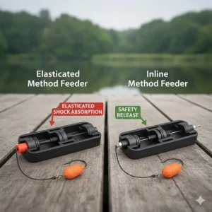 Side-by-side view of an elasticated method feeder and a free-running inline method feeder, highlighting the safety differences for UK club water rules.