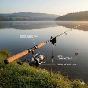 A robust feeder fishing reel with a large spool designed for distance casting on British reservoirs.