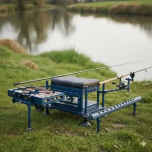A seatbox configured for feeder fishing with a dedicated rod rest arm and bait waiter attached to the leg system.