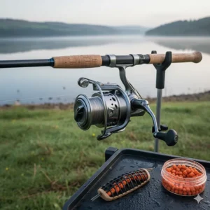 A powerful feeder fishing reel with a wide spool, ideal for distance casting on UK large-scale reservoirs.