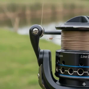Close-up of a secure line clip on a budget feeder reel for accurate distance casting.