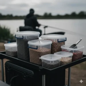 Alt text for image 9: A series of clear, airtight bait boxes filled with different grades of fishing pellets, neatly organised on a professional angler's side tray.
