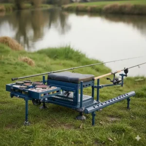 A modular fishing seatbox system with a large side tray holding bait tubs and a spray bar for pole fishing.