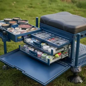 Internal view of a fishing seatbox showing shallow tackle trays and deep drawers organised with UK coarse fishing terminal tackle.