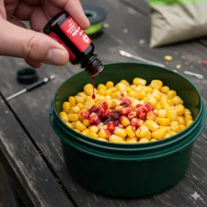 Adding red liquid krill attractant to sweetcorn to boost its appeal for UK match fishing.