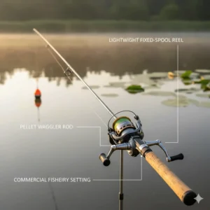 A lightweight fixed spool reel setup for pellet waggler fishing at a typical UK commercial fishery.