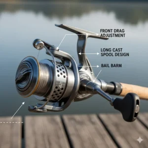 Detailed close-up of a front drag coarse fishing reel highlighting the spool and drag adjustment dial.