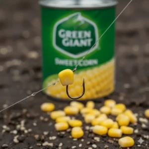 A single grain of canned sweetcorn mounted on a size 12 hook, ready for UK pleasure fishing.