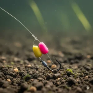 Two grains of buoyant imitation sweetcorn hair-rigged for modern UK carp fishing tactics.
